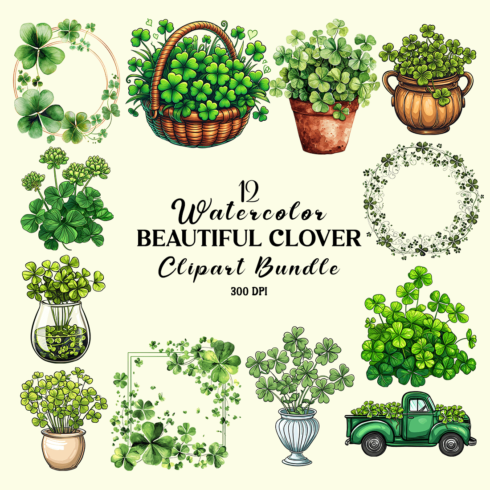 Watercolor Beautiful Clover Clipart Bundle cover image.