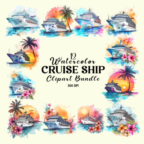 Watercolor Cruise Ship Clipart Bundle cover image.