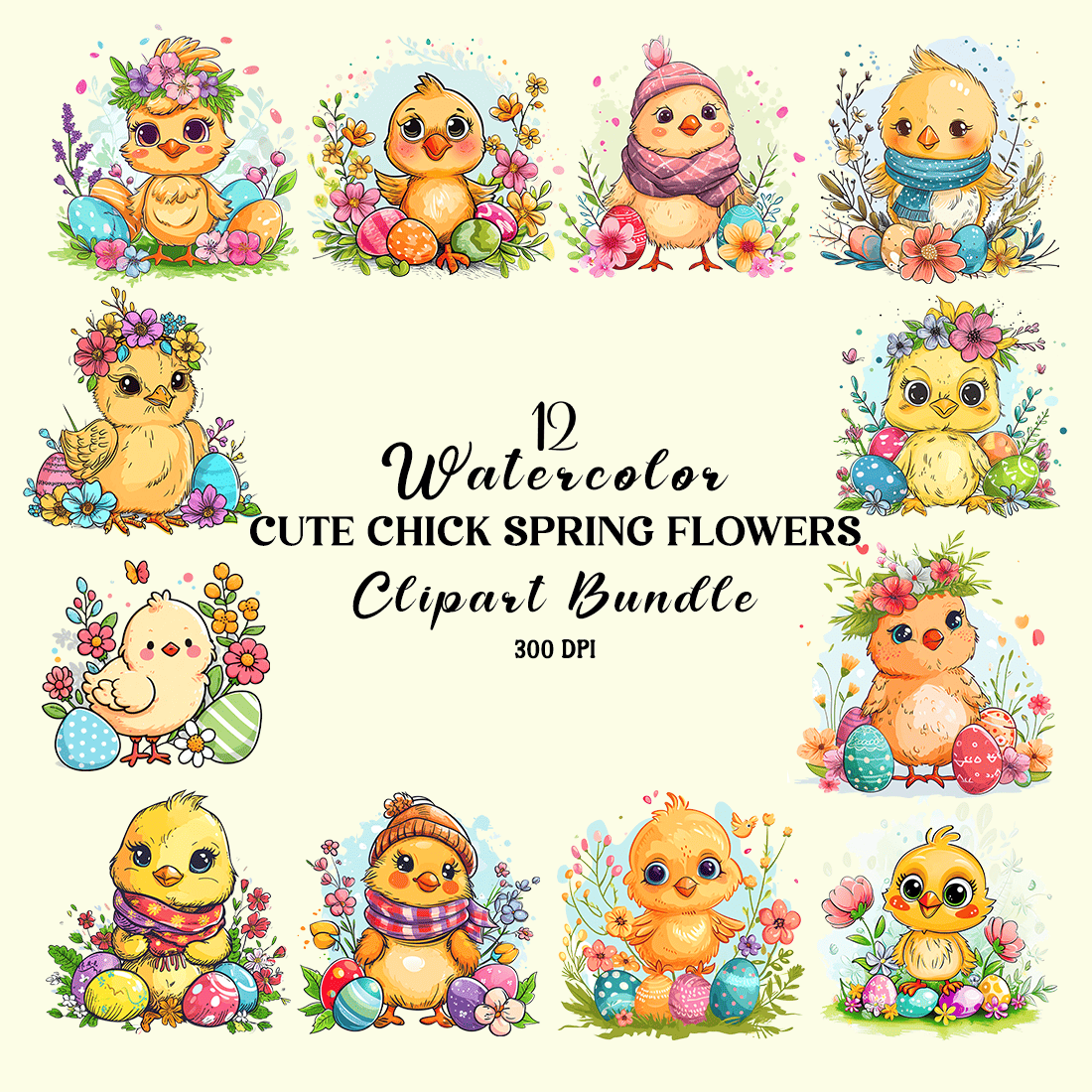 Cute Chick Spring Flowers Clipart Bundle cover image.