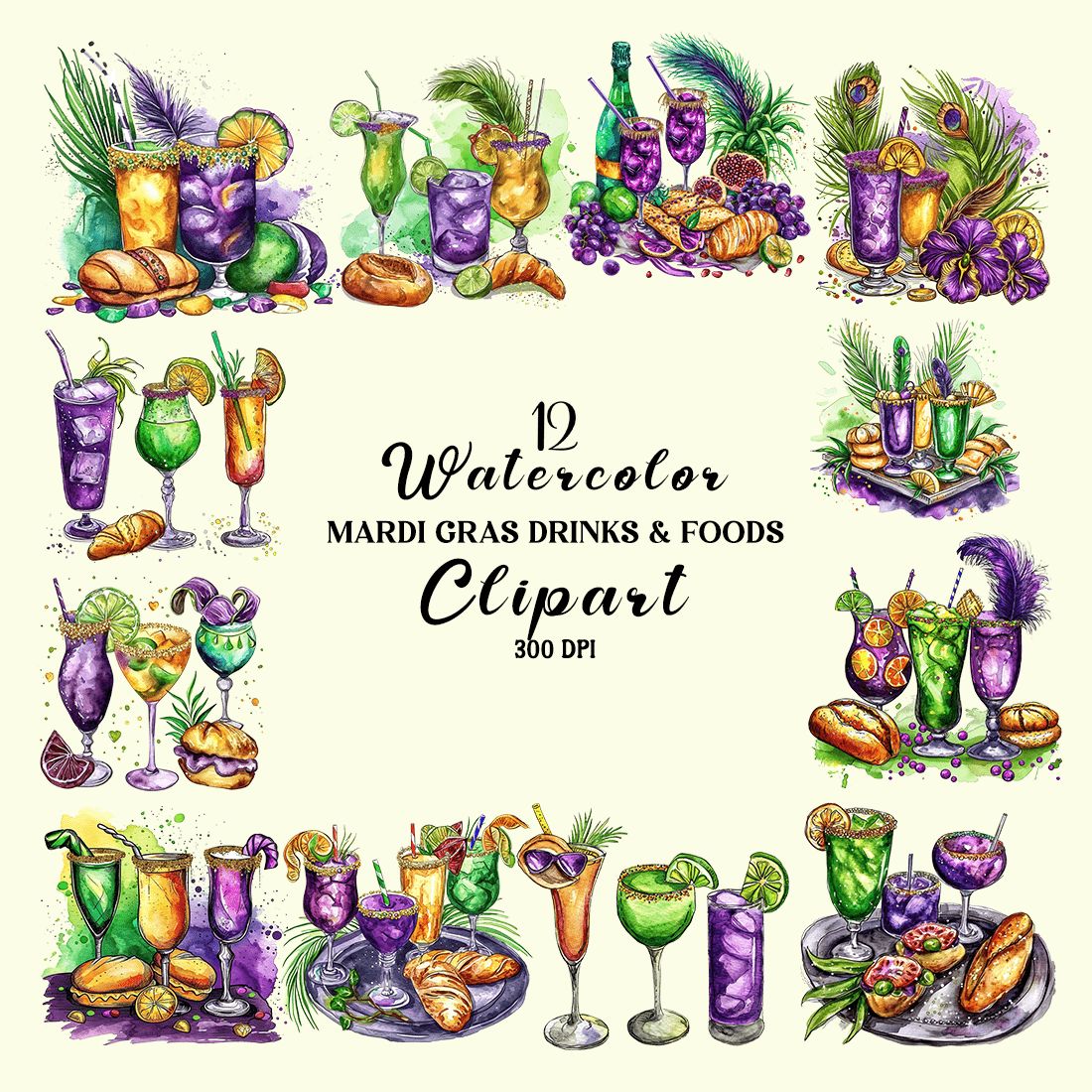Watercolor Mardi Gras Drinks & Foods Clipart Bundle cover image.