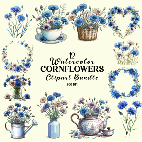Watercolor Cornflowers Clipart Bundle cover image.