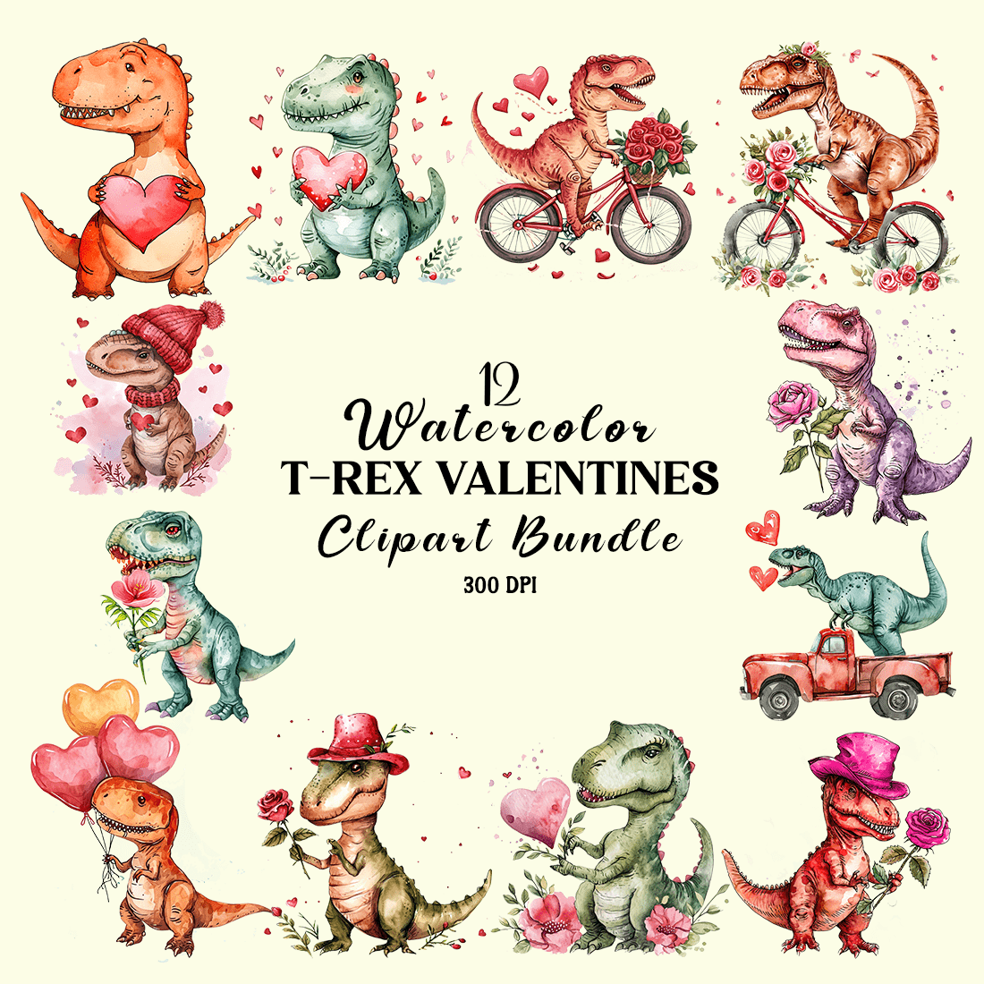 Watercolor T-Rex Valentines Clipart Bundle cover image.