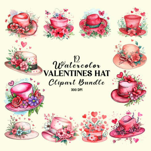Watercolor Valentines Hat Clipart Bundle cover image.