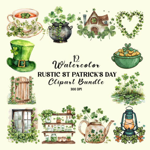 Watercolor Rustic St Patrick's Day Clipart Bundle cover image.