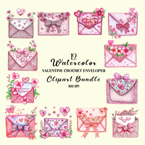 Watercolor Valentine Crochet Envelopes Clipart Bundle cover image.