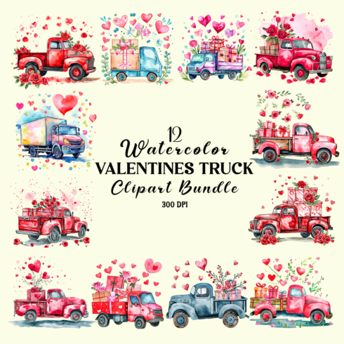 Watercolor Valentines Truck Clipart Bundle cover image.