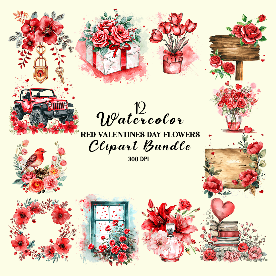 Watercolor Red Valentines Day Flowers Clipart Bundle cover image.