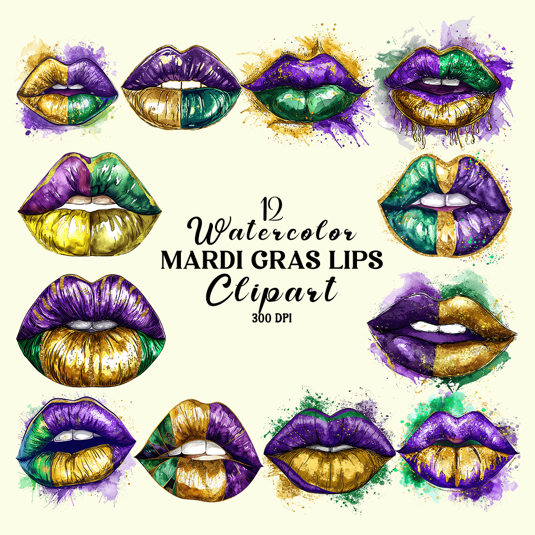 Watercolor Mardi Gras Lips Clipart Bundle cover image.