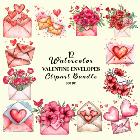 Watercolor Valentine Envelopes Clipart Bundle cover image.