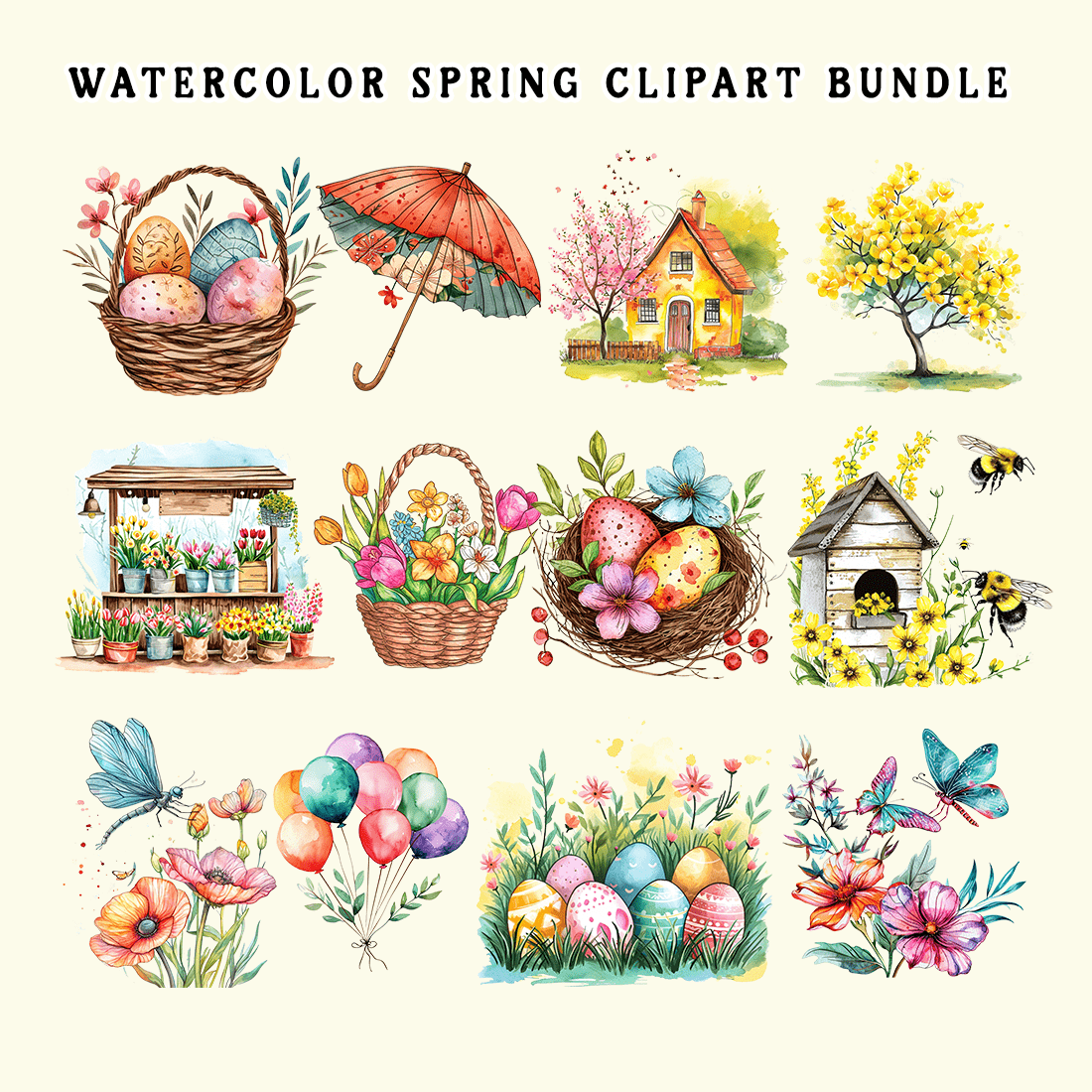 Watercolor Spring Clipart Bundle preview image.