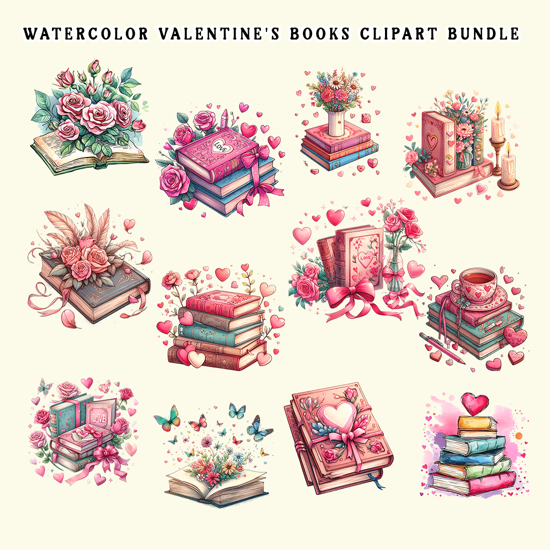 Watercolor Valentine's Books Clipart Bundle preview image.