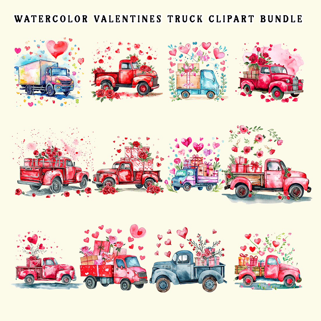 Watercolor Valentines Truck Clipart Bundle preview image.