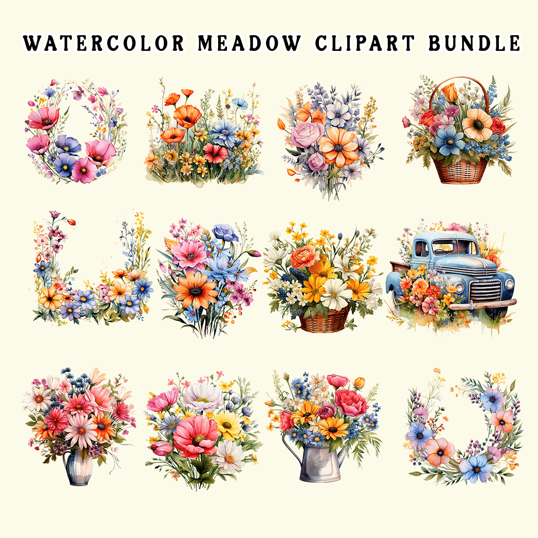 Watercolor Meadow Clipart Bundle preview image.