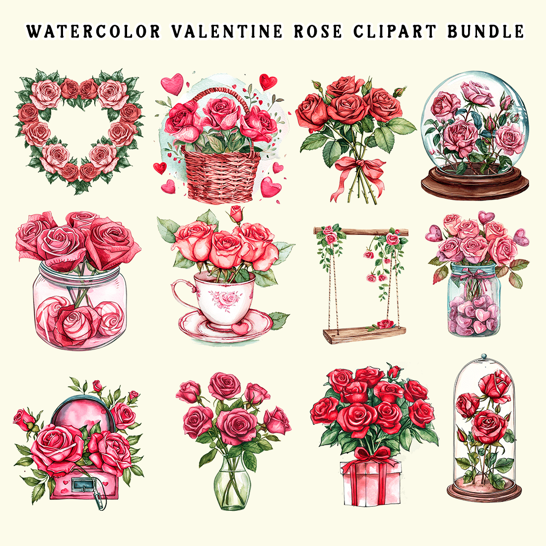 Watercolor Valentine Rose Clipart Bundle preview image.