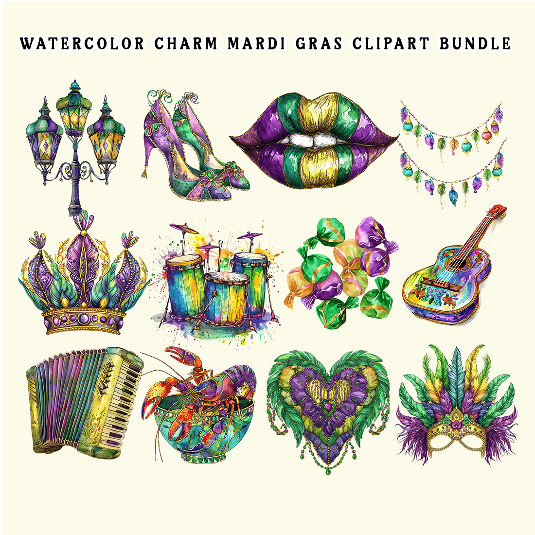 Watercolor Charm Mardi Gras Clipart Bundle preview image.