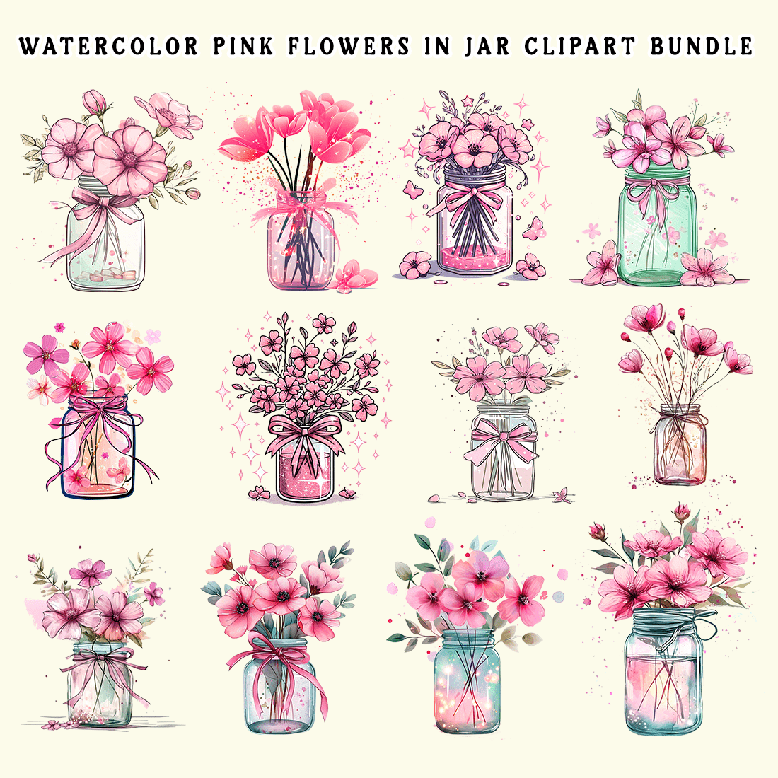 Watercolor Pink Flowers in Jar Clipart Bundle preview image.