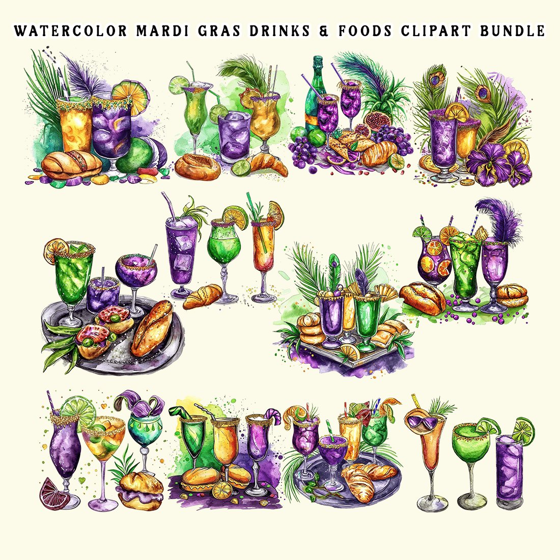 Watercolor Mardi Gras Drinks & Foods Clipart Bundle preview image.