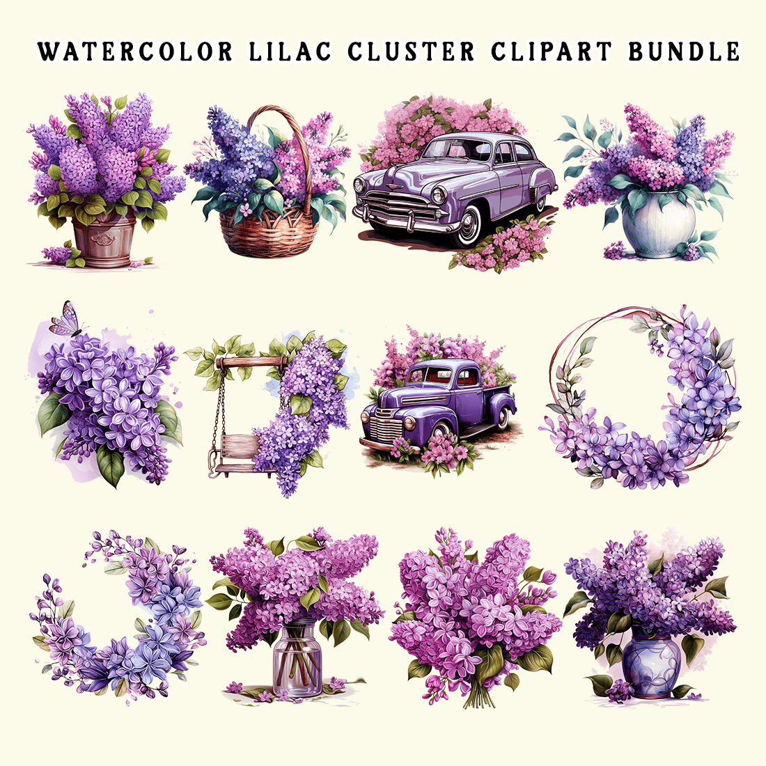 Vintage Lilac Cluster Clipart Bundle preview image.