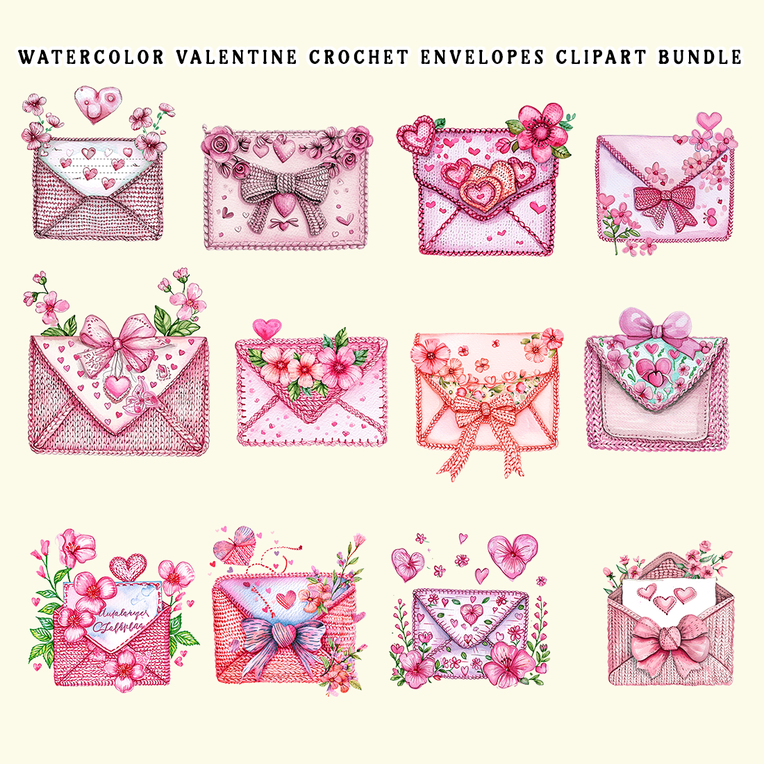 Watercolor Valentine Crochet Envelopes Clipart Bundle preview image.