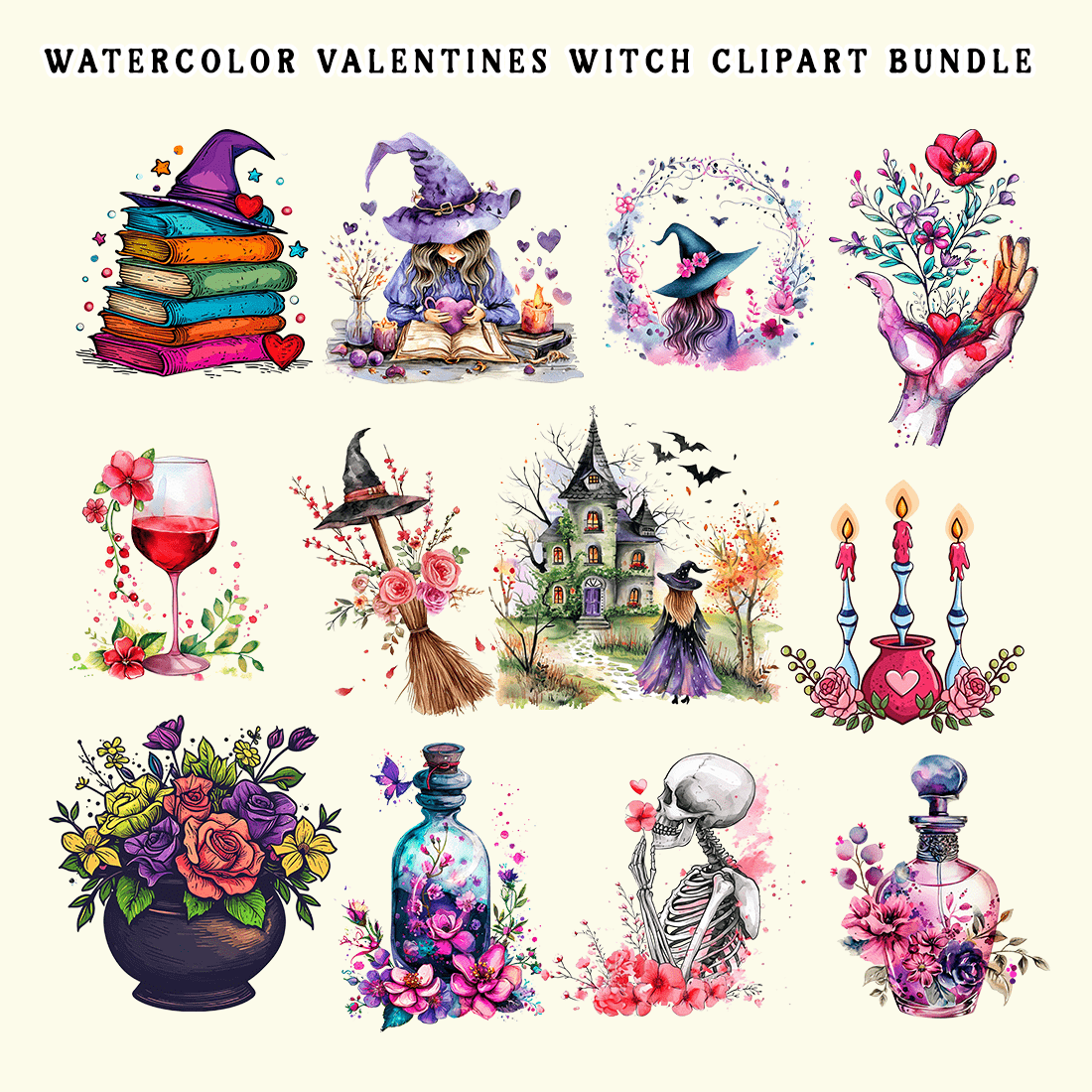 Watercolor Valentines Witch Clipart Bundle preview image.