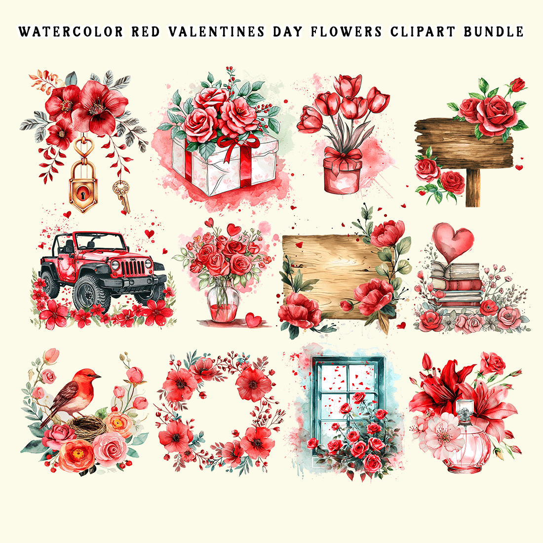 Watercolor Red Valentines Day Flowers Clipart Bundle preview image.