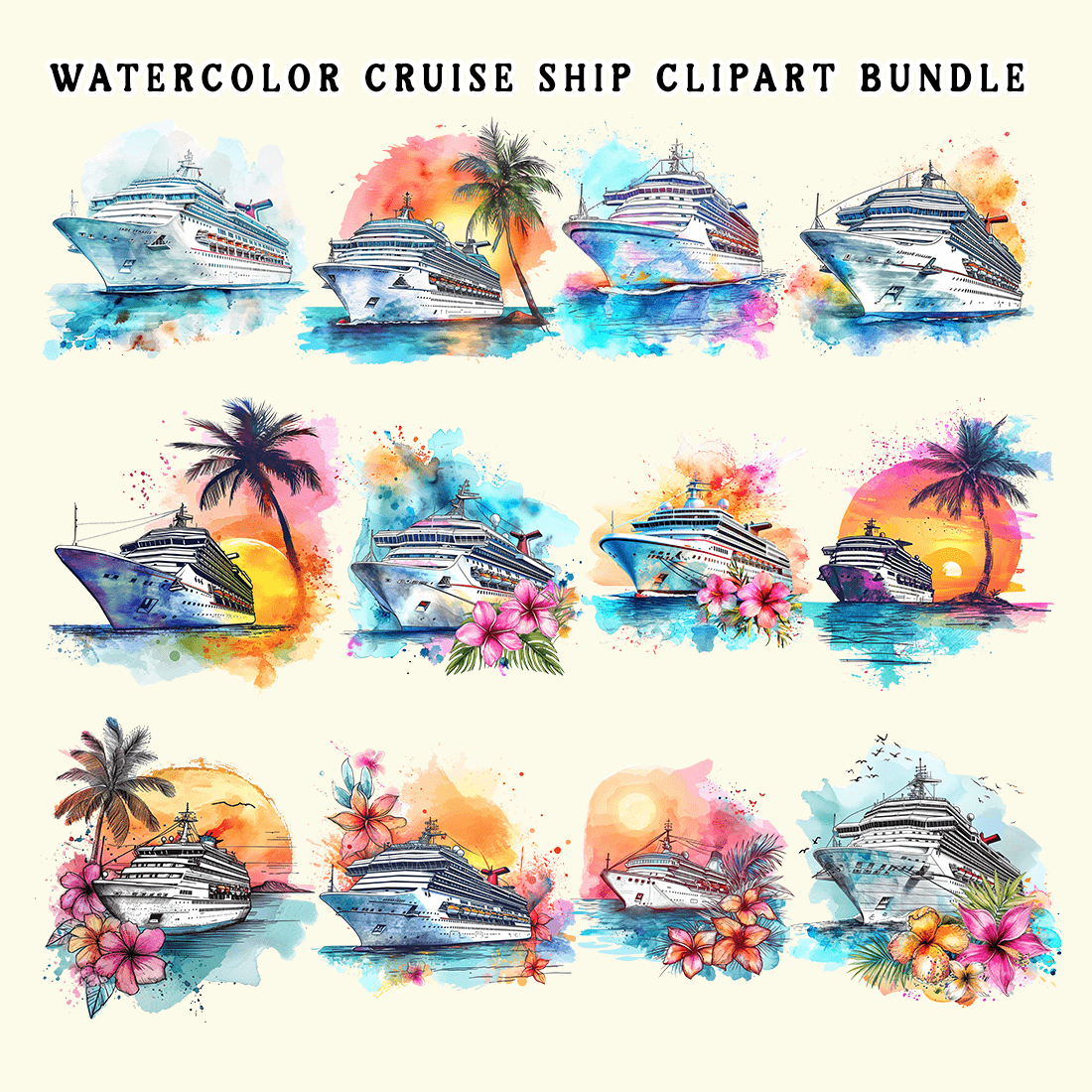 Watercolor Cruise Ship Clipart Bundle preview image.