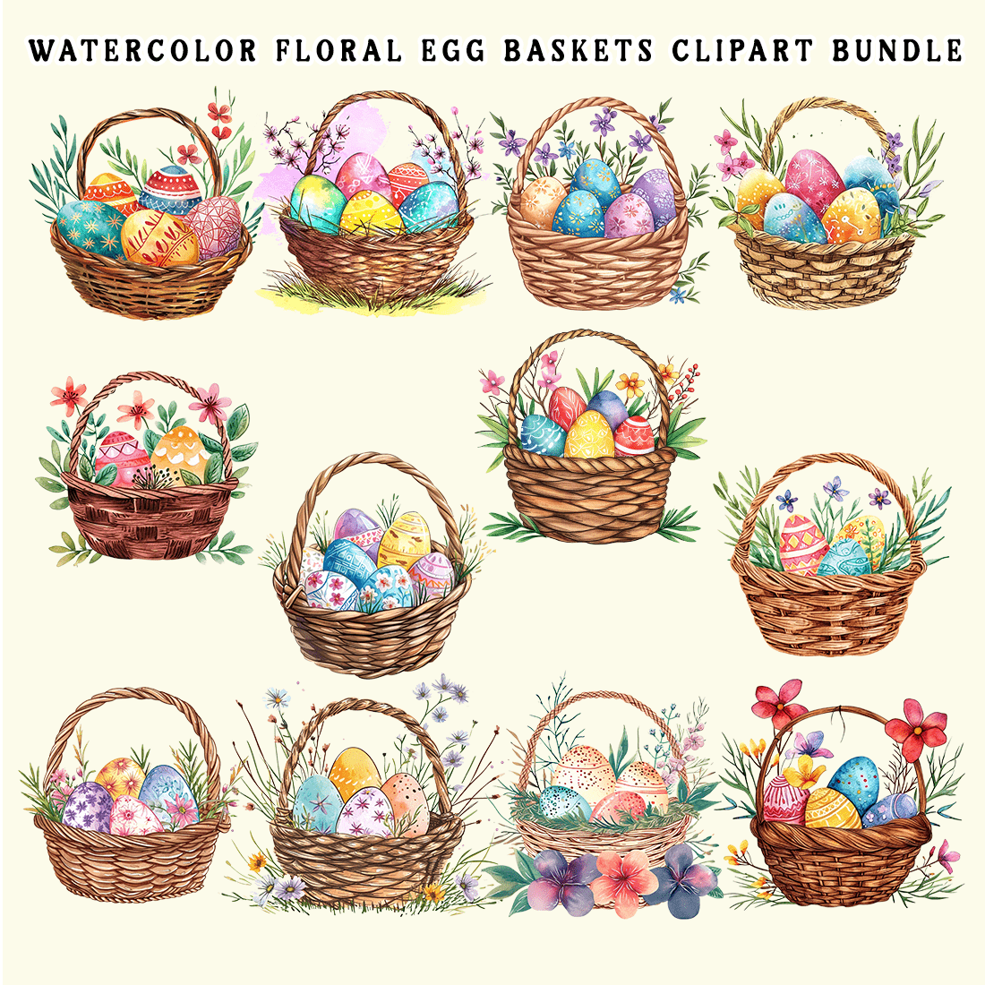 Watercolor Floral Egg Baskets Clipart Bundle preview image.