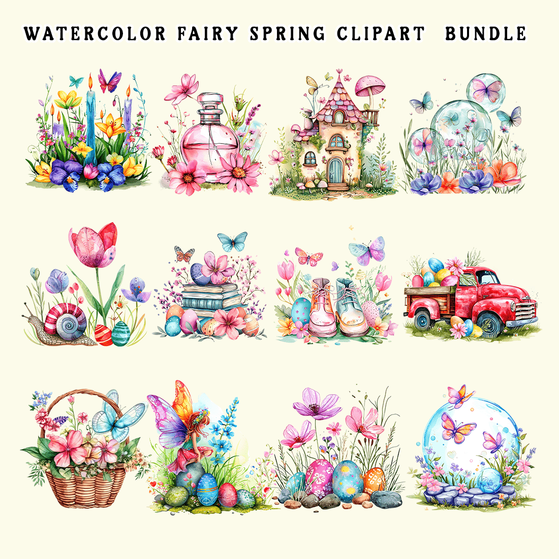 Watercolor Fairy Spring Clipart Bundle preview image.