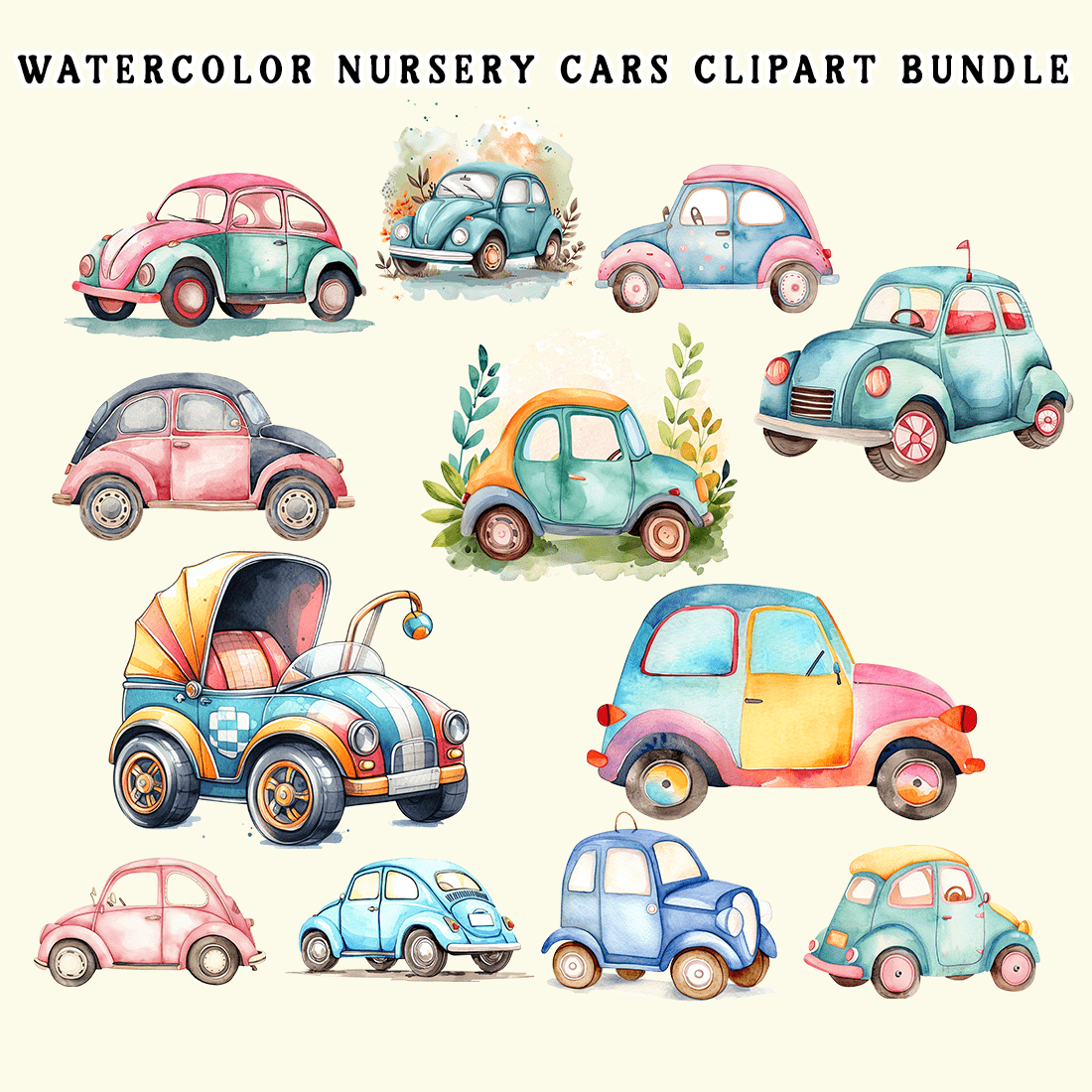 Watercolor Nursery Cars Clipart Bundle preview image.