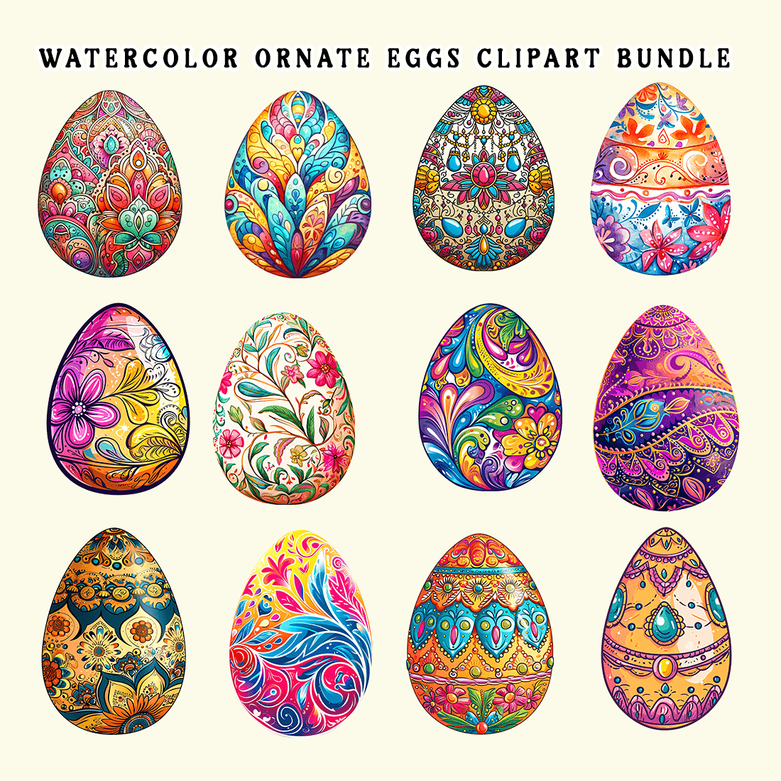 Watercolor Ornate Eggs Clipart Bundle preview image.