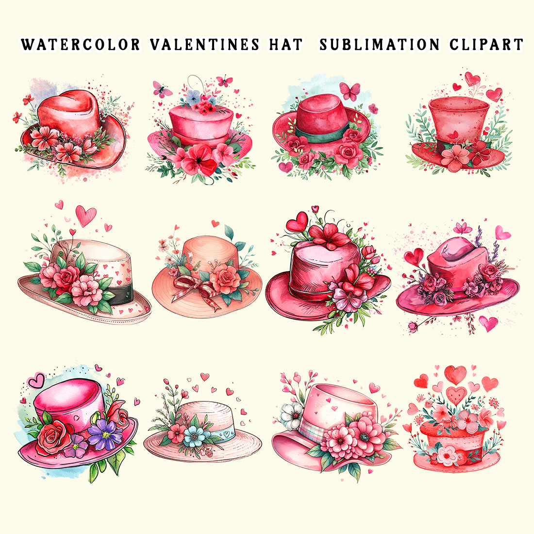 Watercolor Valentines Hat Clipart Bundle preview image.