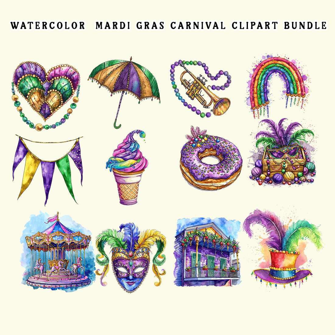 Watercolor Mardi Gras Carnival Clipart Bundle preview image.