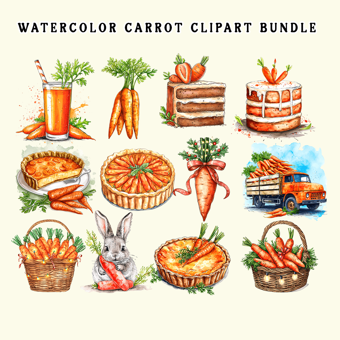 Watercolor Carrot Clipart Bundle preview image.