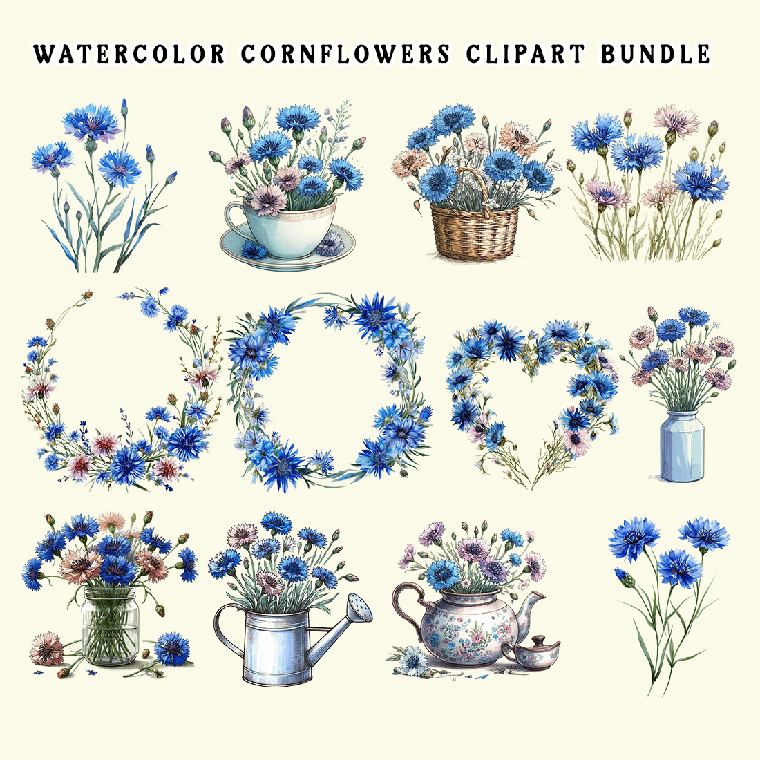 Watercolor Cornflowers Clipart Bundle preview image.