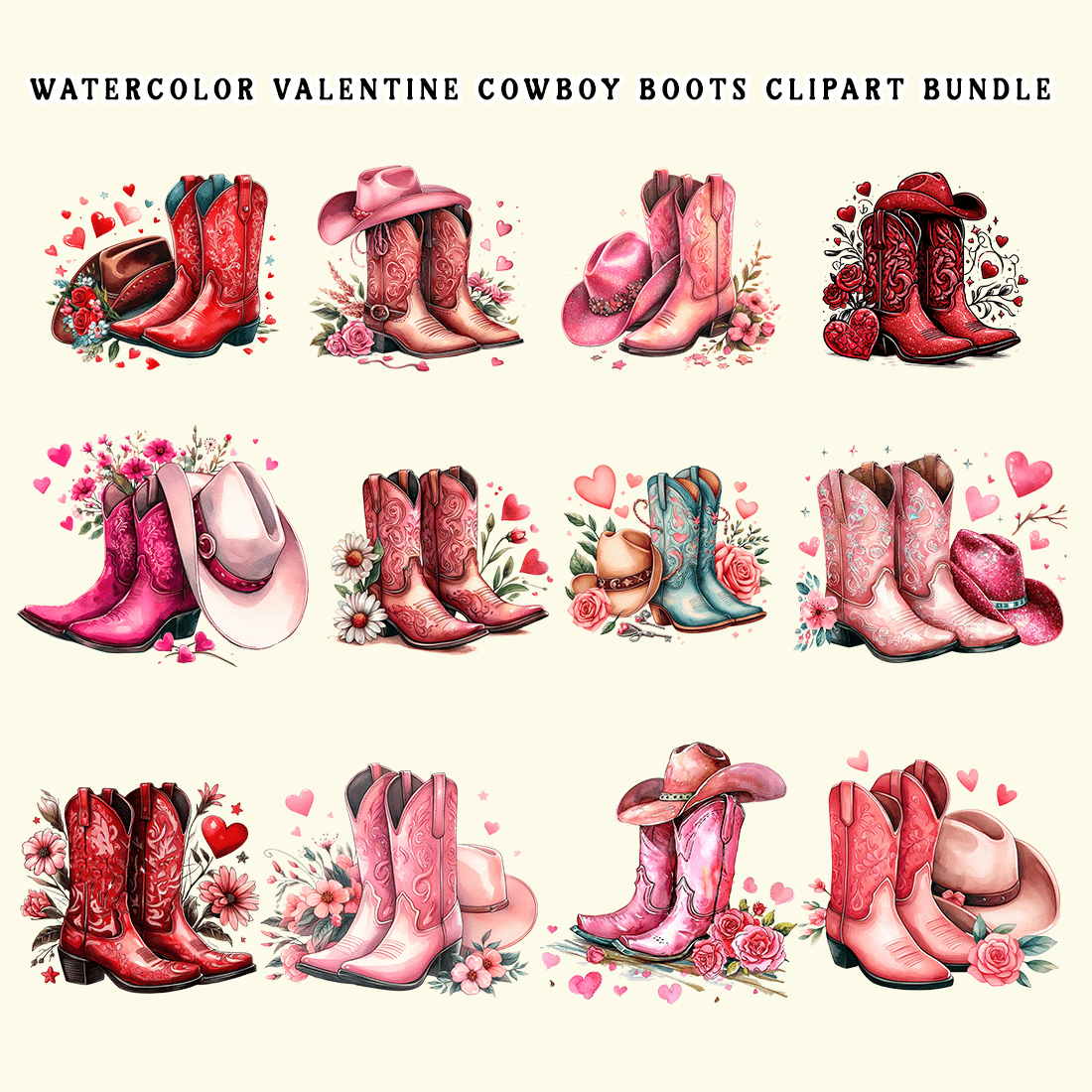 Watercolor Valentine Cowboy Boots Clipart Bundle preview image.