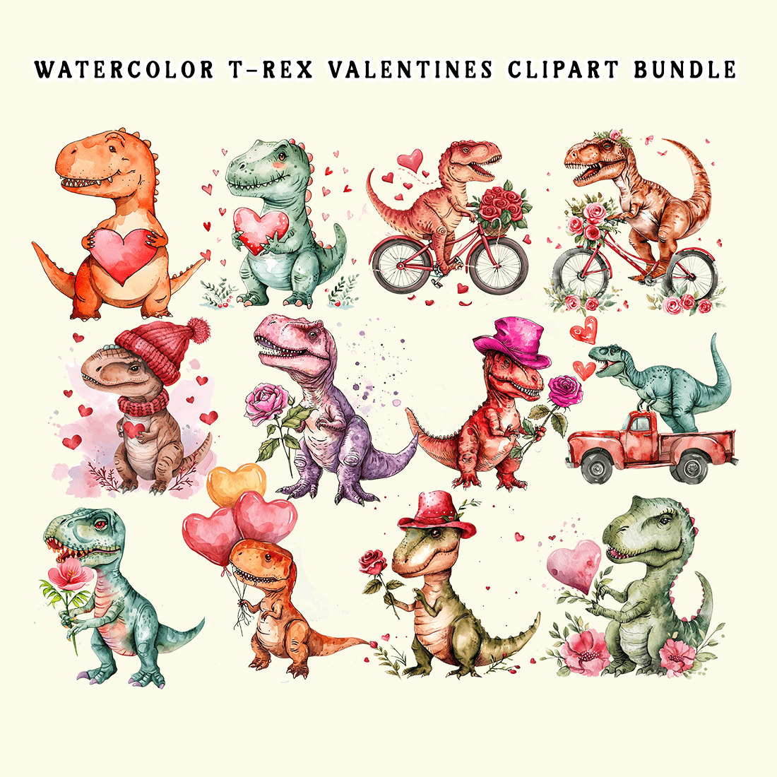 Watercolor T-Rex Valentines Clipart Bundle preview image.