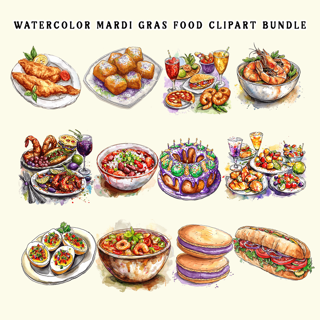 Watercolor Mardi Gras Food Clipart Bundle preview image.