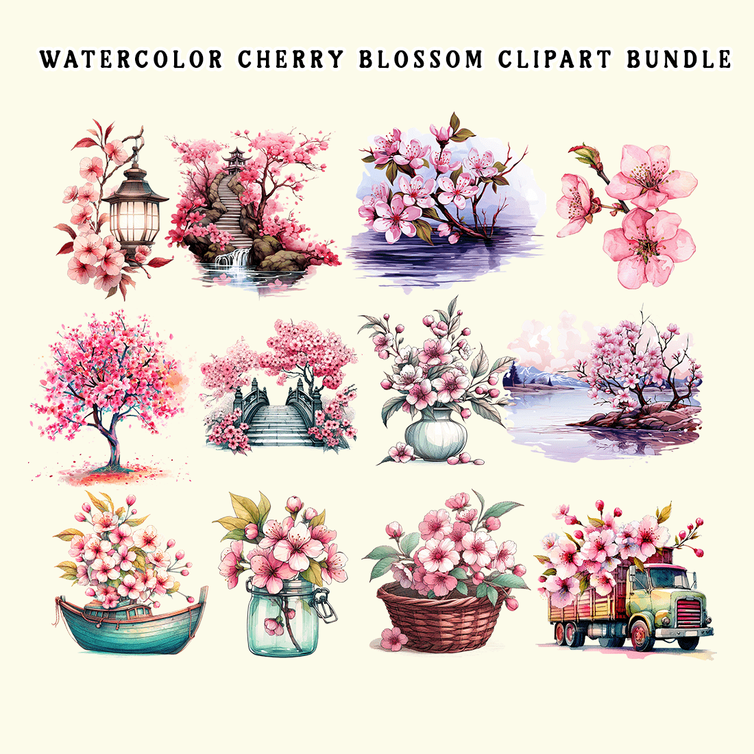 Watercolor Cherry Blossom Clipart Bundle preview image.