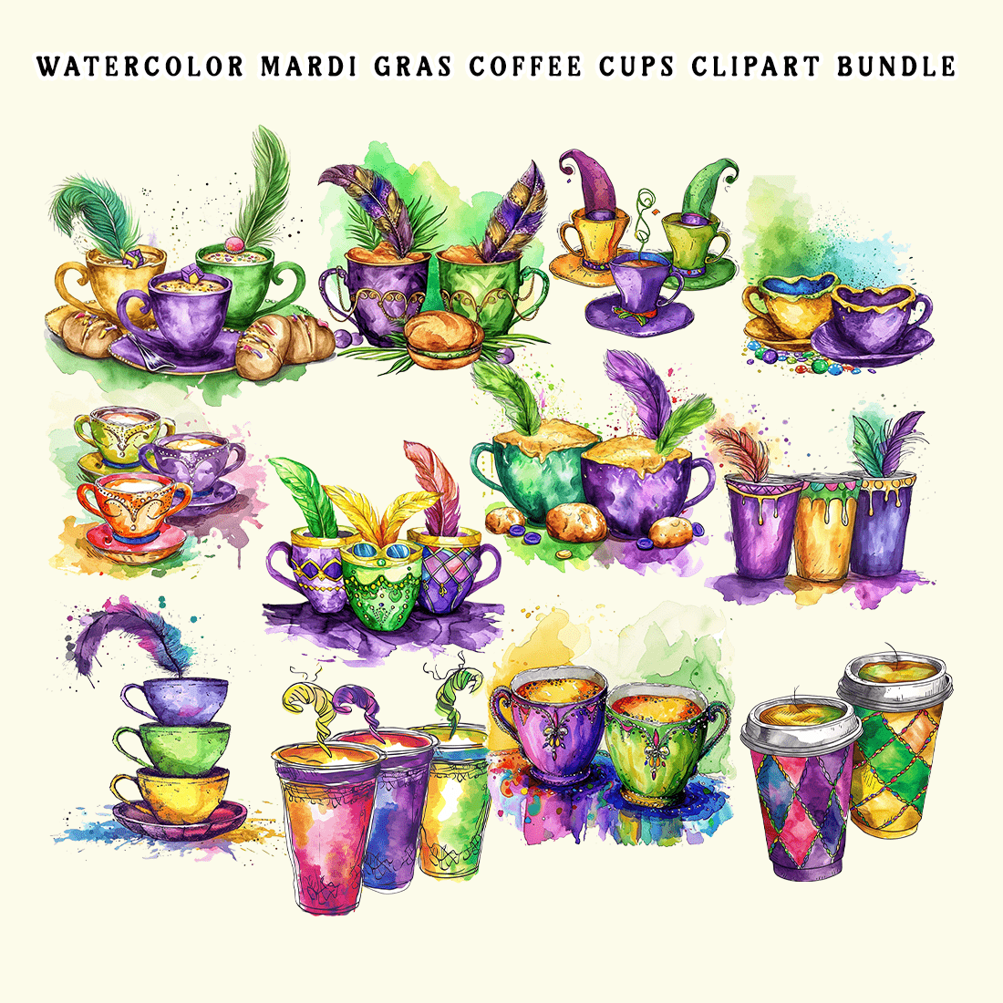 Watercolor Mardi Gras Coffee Cups Clipart Bundle preview image.