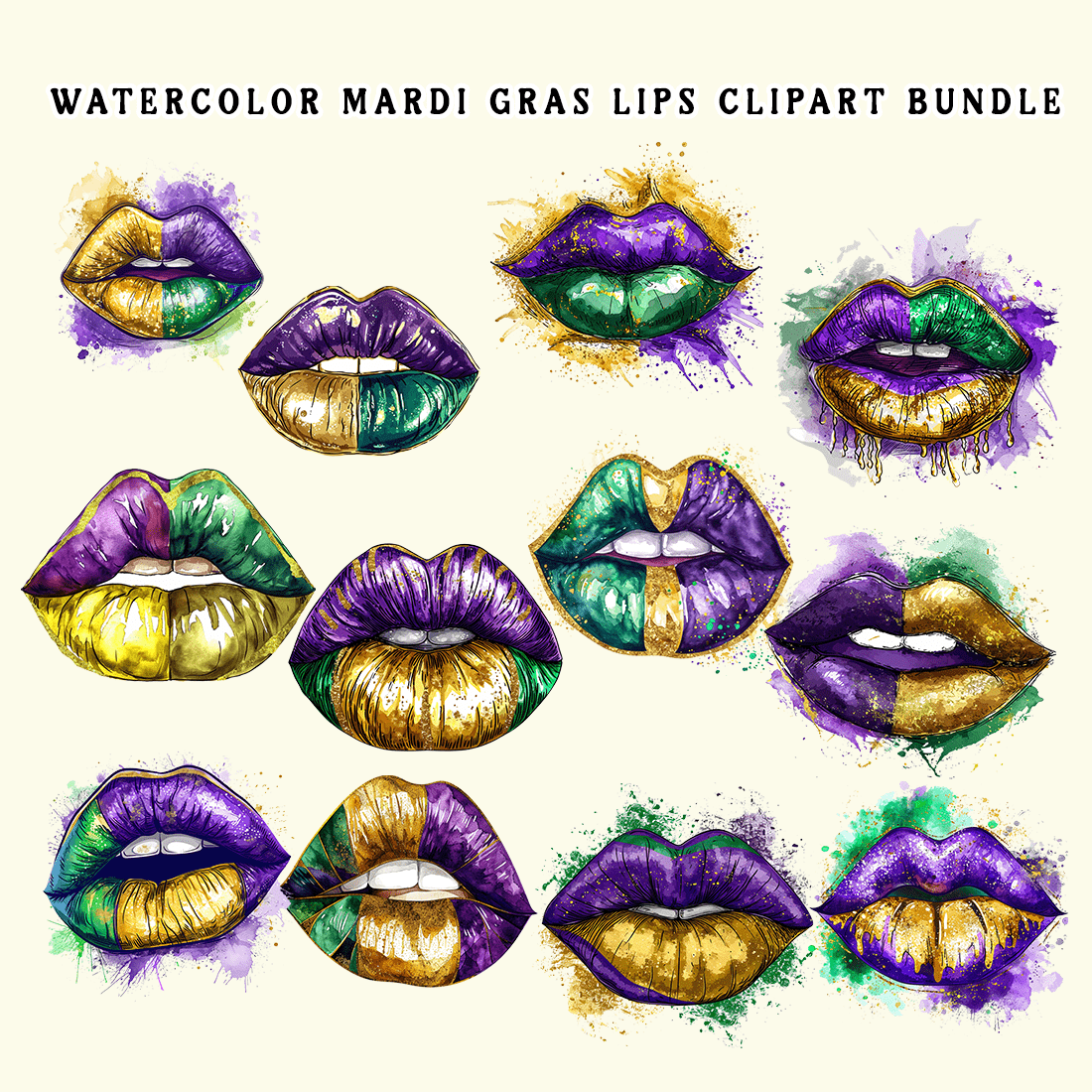 Watercolor Mardi Gras Lips Clipart Bundle preview image.