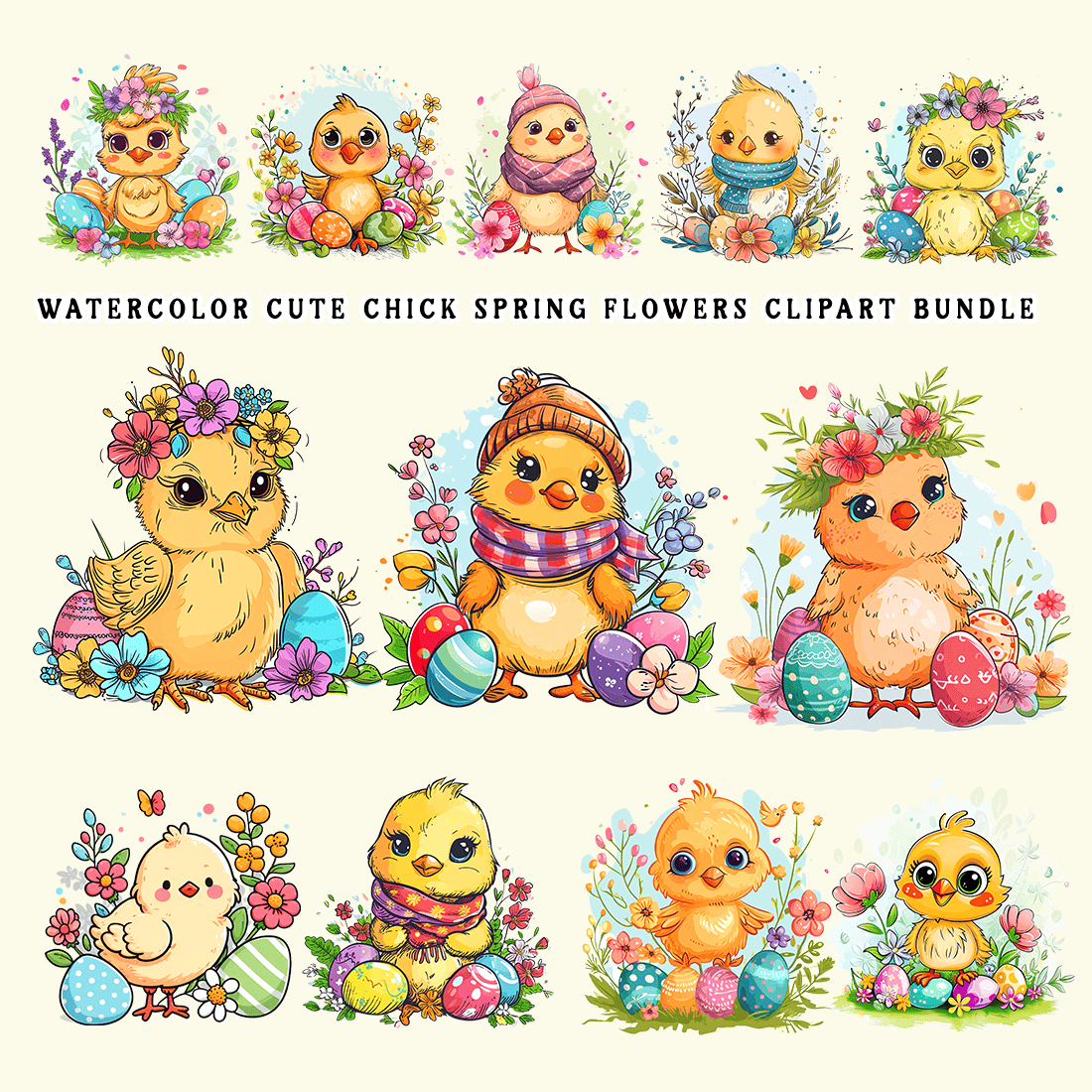 Cute Chick Spring Flowers Clipart Bundle preview image.
