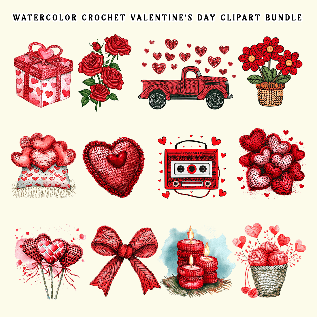 Watercolor Crochet Valentine's Day Sublimation Clipart preview image.