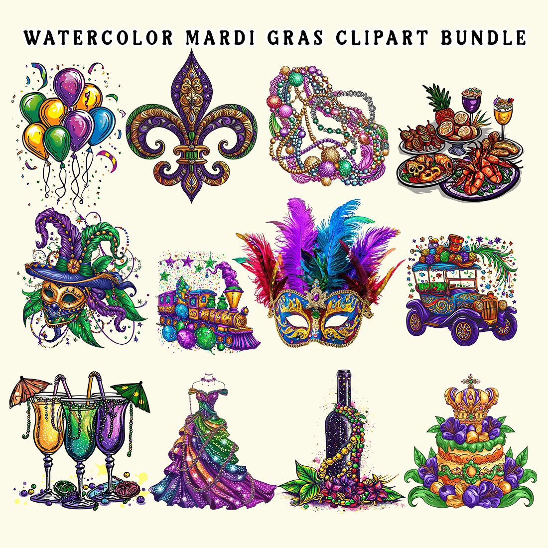 Watercolor Mardi Gras Clipart Bundle preview image.