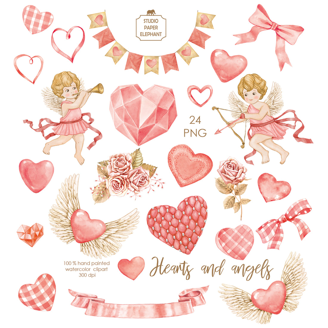 Watercolor Hearts and Angels Valentine's Day Clip art Valentine's Day Clipart Valentine's Day Postcard DIY Scrapbooking preview image.
