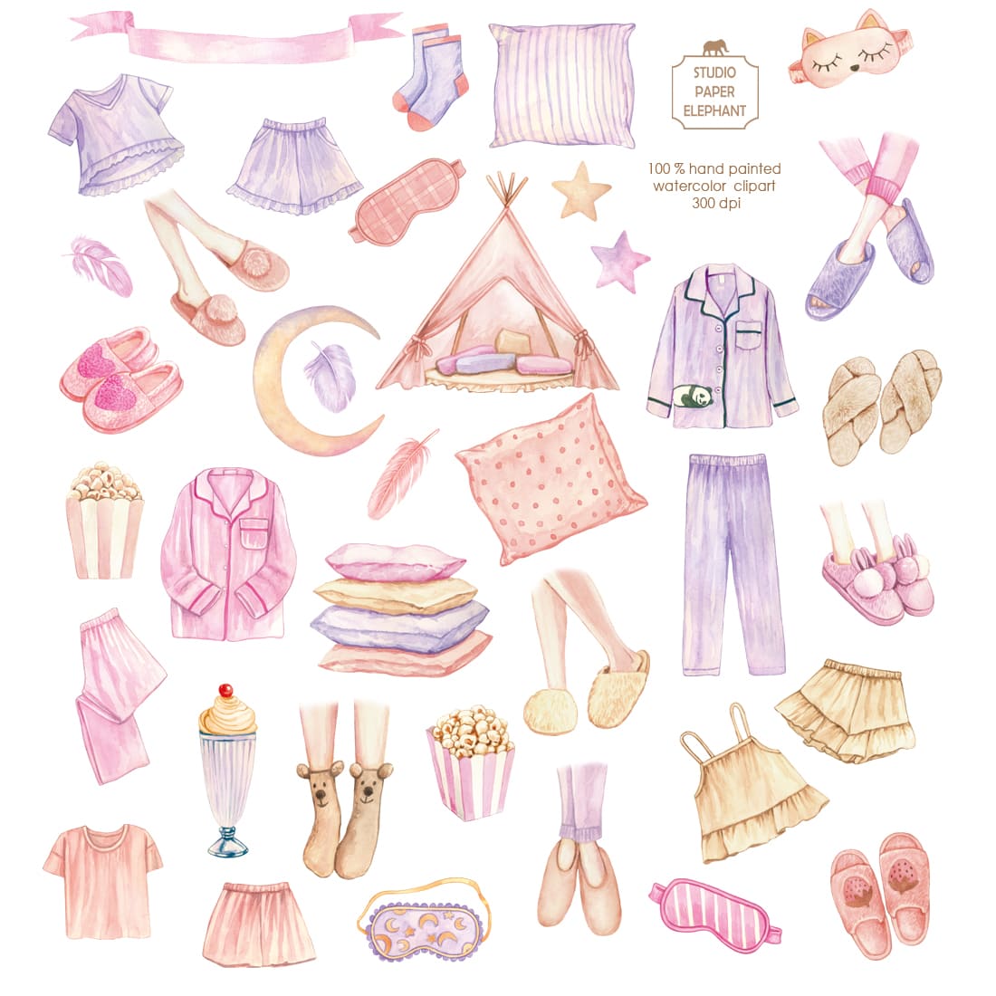 Watercolor Pajama Party, Slumber Party Clipart, Pajama Clipart preview image.