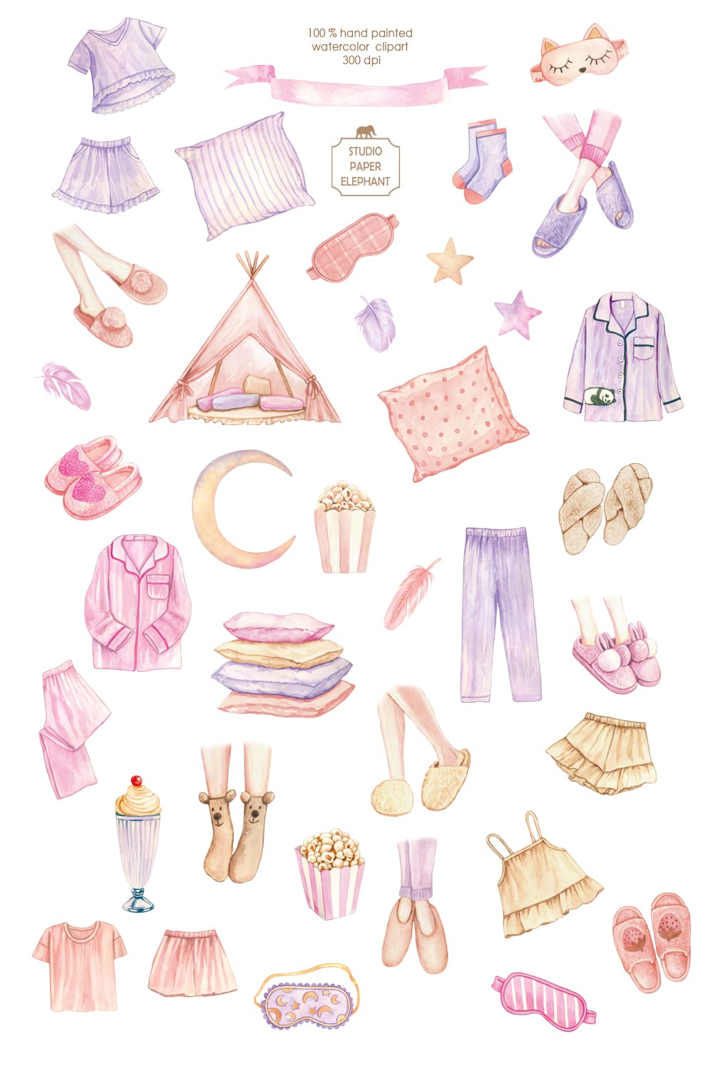 Watercolor Pajama Party, Slumber Party Clipart, Pajama Clipart pinterest preview image.