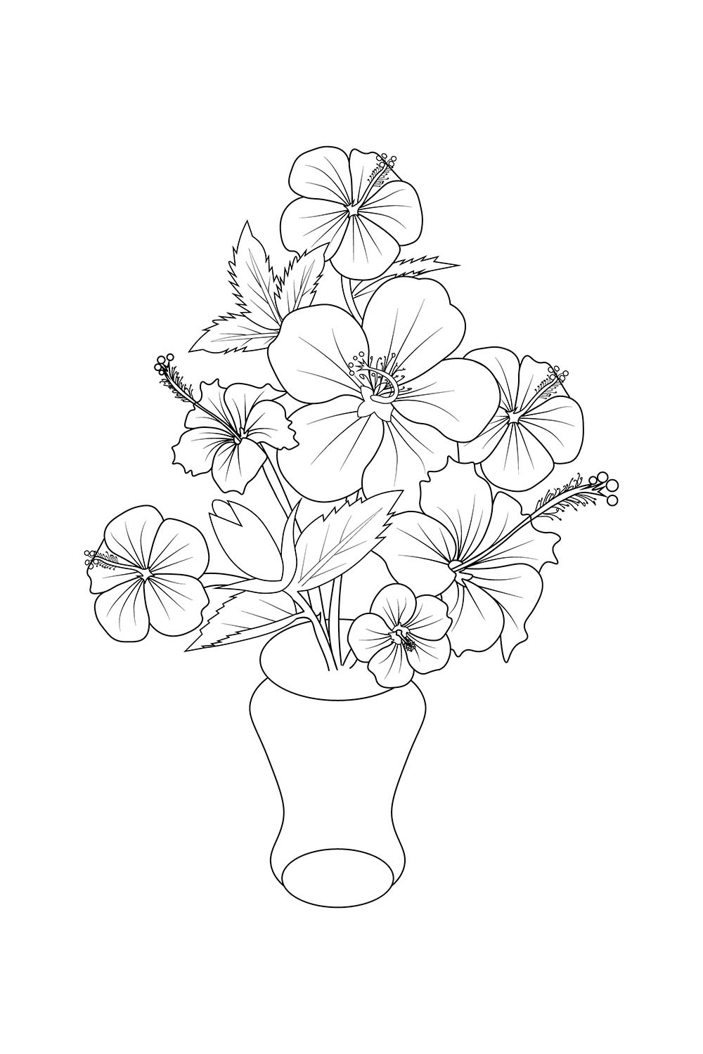 hibiscus flower coloring sheet china rose vector illustration, Sharon flower line art, hibiscus flower doodle and sticker pinterest preview image.
