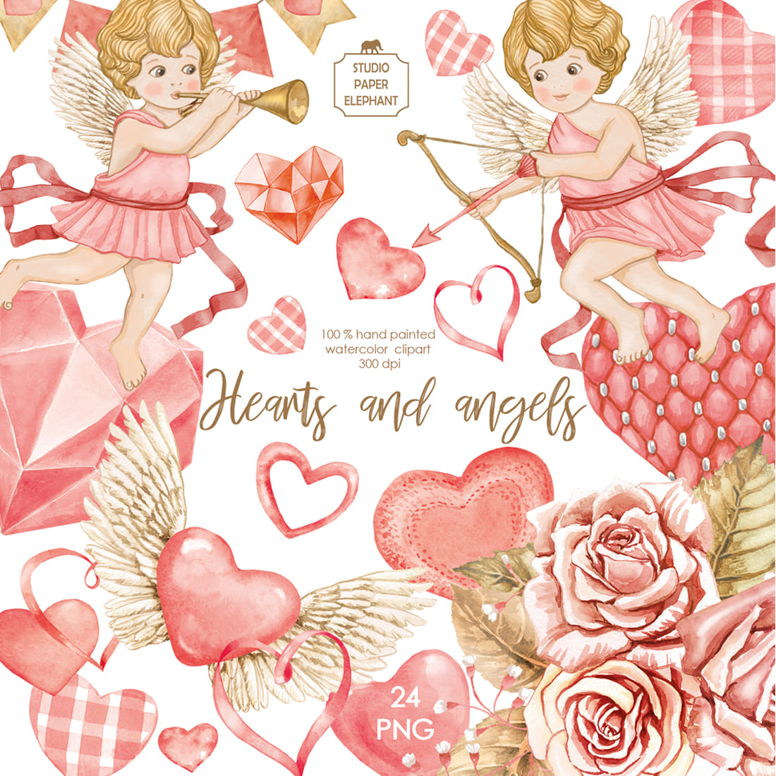 Watercolor Hearts and Angels Valentine's Day Clip art Valentine's Day Clipart Valentine's Day Postcard DIY Scrapbooking pinterest preview image.