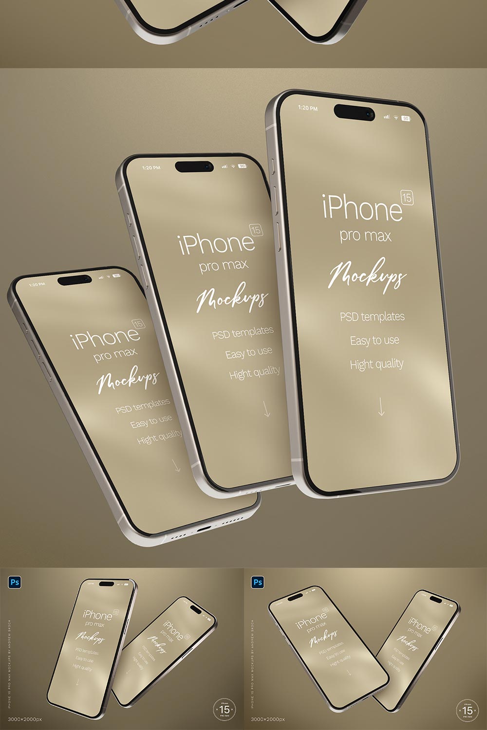 iPhone 15 Pro Max Mockups by Sko4 pinterest preview image.