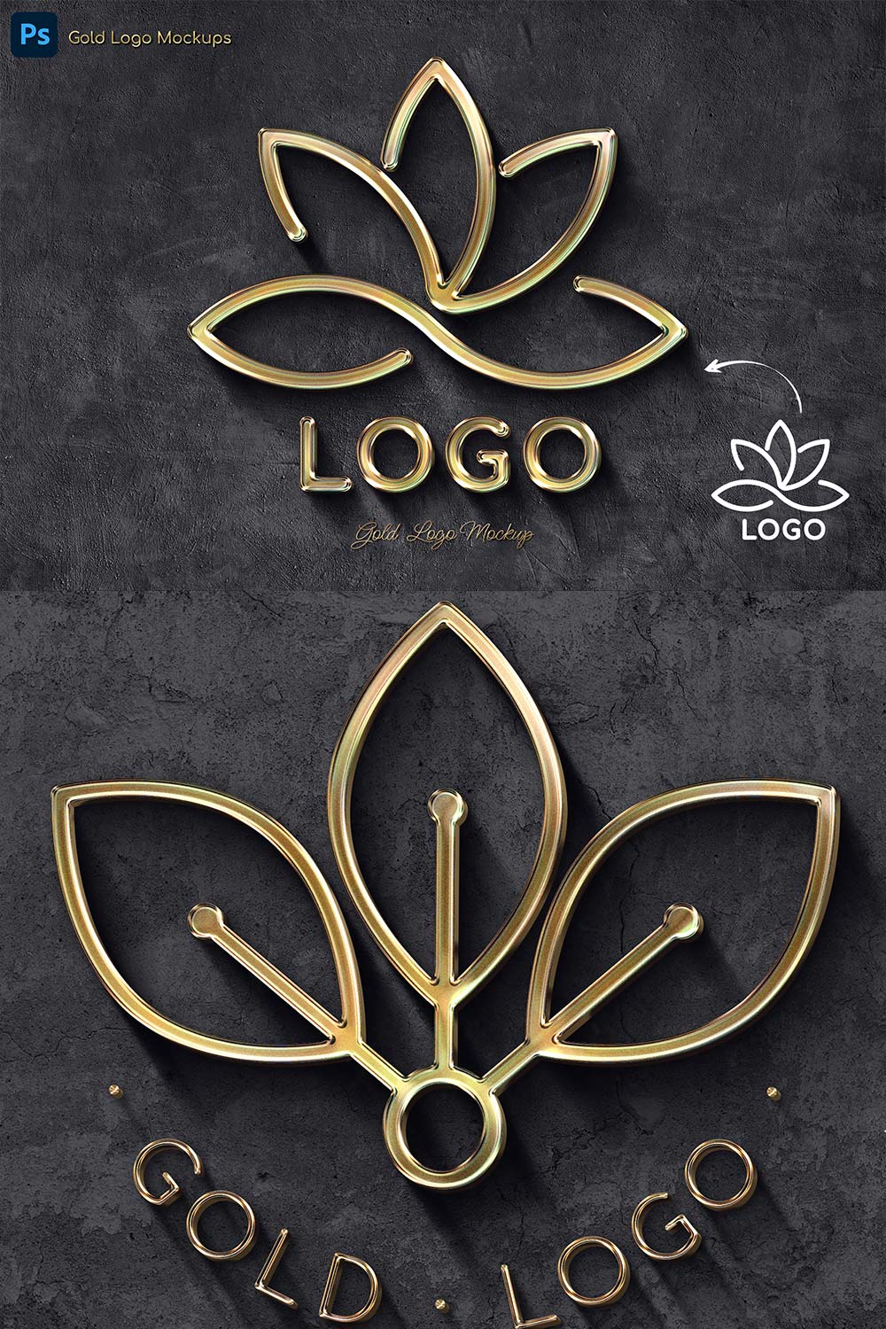Gold Text and Logo Mockups pinterest preview image.